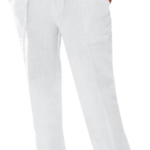 PASLTER Mens Casual Linen Pants Loose Fit Elastic Drawstring Waist Straight-Legs Summer Yoga Beach Long Pants