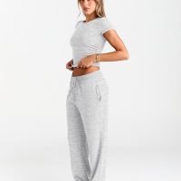 Trendy Queen 2 Piece Matching Summer Sweatsuit Lounge Set Womens Wide Leg Pants Side Ruching Crop Top Sets - Image 3