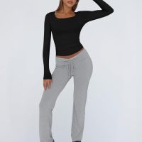 Trendy Queen Womens Long Sleeve Shirts Crop Tops Fall Fashion 2025 Square Neck Going Out Basics Tees Y2k Clothes - Image 5
