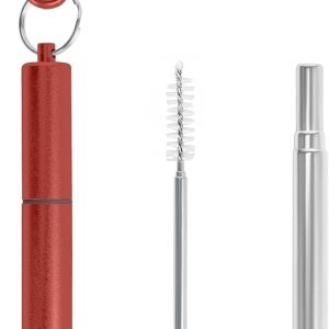 Reusable Metal Straws，Collapsible Stainless Steel Straw，Cruise Ship Essentials，Straw Colorful，Equipped with Cleaning Brush and Keychain（Red）