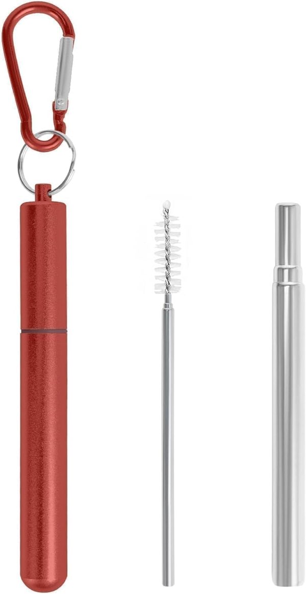 Reusable Metal Straws，Collapsible Stainless Steel Straw，Cruise Ship Essentials，Straw Colorful，Equipped with Cleaning Brush and Keychain（Red）