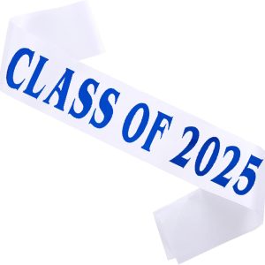 Class of 2025 Sash, White Finally Graduated Sash with Foil Royal Blue Letters Cheerleader Senior 2025 Sash for Graduation Party Supplies