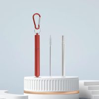 Reusable Metal Straws，Collapsible Stainless Steel Straw，Cruise Ship Essentials，Straw Colorful，Equipped with Cleaning Brush and Keychain（Red） - Image 2