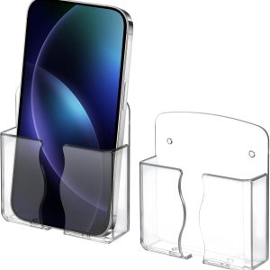 Bremorou 2 Pcs Phone Holder Wall Mounted Clear Plastic Self Adhesive with Charging Hole Shelf Stand Cell Phone Wall Mount Bedside Practical Smartphone Accessories for Home Office