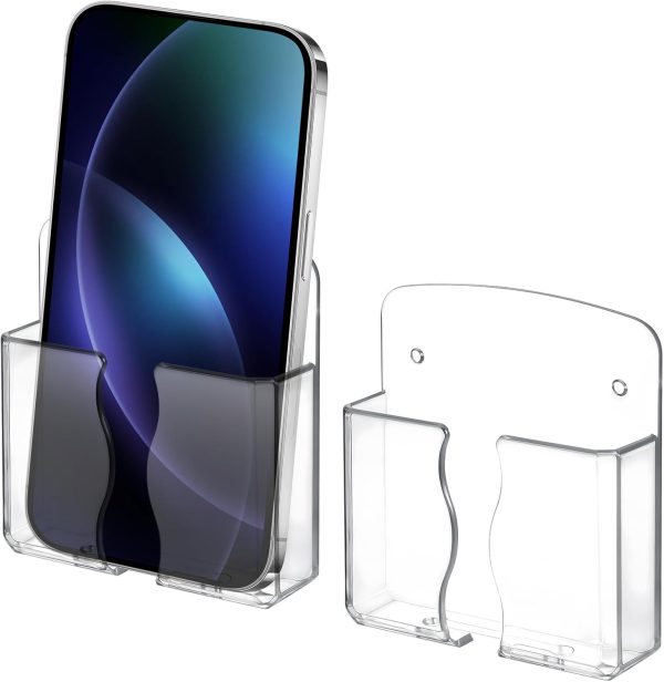 Bremorou 2 Pcs Phone Holder Wall Mounted Clear Plastic Self Adhesive with Charging Hole Shelf Stand Cell Phone Wall Mount Bedside Practical Smartphone Accessories for Home Office