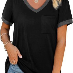 Geifa Womens T Shirts Short Sleeve V Neck Loose Casual Summer Tops with Pocket