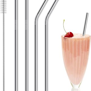 4 Pcs 2 Size Reusable Stainless Steel Straws, Straight and Bent Stainless Metal Drinking Straw for 30 oz & 20 oz Tumblers Cups Mugs Cold Beverage - 1 Pcs Cleaning Brushes Included