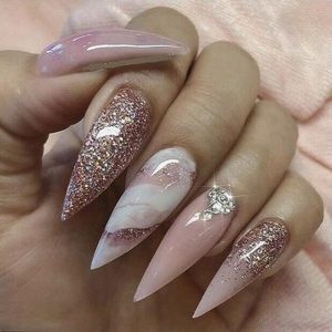 Press on Nails Kit Long Stiletto Ombre Nude Fake Nails with Glitter Design, Rhinestones Press ons Acrylic Full Cover False Stick on Nail for Women Daily Wear Wedding Manicure 24Pcs