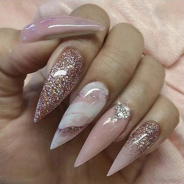 Press on Nails Kit Long Stiletto Ombre Nude Fake Nails with Glitter Design, Rhinestones Press ons Acrylic Full Cover False Stick on Nail for Women Daily Wear Wedding Manicure 24Pcs