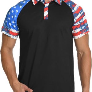 H HYFOL Short Sleeve Polo Shirts for Men Star Patchwork Graphic Stretch Casual American Patriotic Raglan Golf Polos for Men