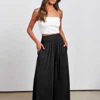 ANRABESS Women Palazzo Pants Summer Boho Bagyy Wide Leg High Smocked Waist Casual Loose Lounge Pant with Pocket - Image 3