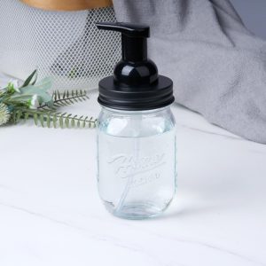 Glass Foaming Soap Dispenser, Stainless Steel Foam Hand Soap Dispenser, Refillable, Mason Jar Bathroom Accessories for Bathroom Kitchen-Black