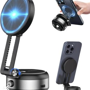 Vacuum Magnetic Car Phone Holder, Electronic Vacuum Suction with Strong Magnet, Adjustable Double Arm Folding Stand, Compatible with iPhone 16/15/14/13/12 and Most Smartphones