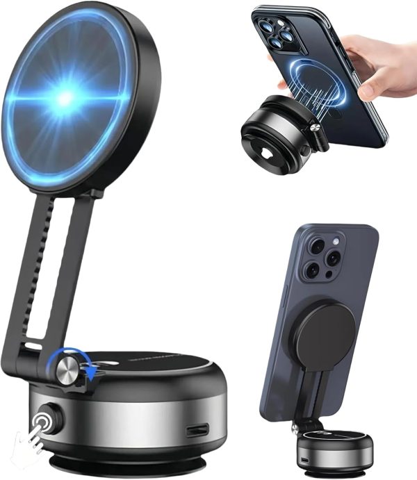 Vacuum Magnetic Car Phone Holder, Electronic Vacuum Suction with Strong Magnet, Adjustable Double Arm Folding Stand, Compatible with iPhone 16/15/14/13/12 and Most Smartphones