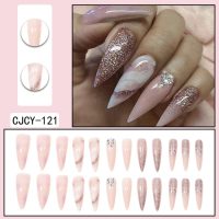 Press on Nails Kit Long Stiletto Ombre Nude Fake Nails with Glitter Design, Rhinestones Press ons Acrylic Full Cover False Stick on Nail for Women Daily Wear Wedding Manicure 24Pcs - Image 2