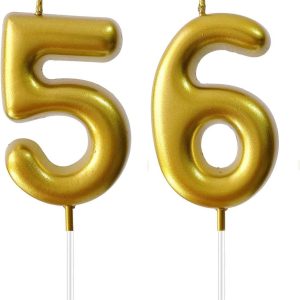 2.36" Number Candles Birthday Gifts for Women Men Birthday Decorations Birthday Candles Numbers Happy Birthday Candles for Cake 2 Candle for Women for Men (Gold, 56th)