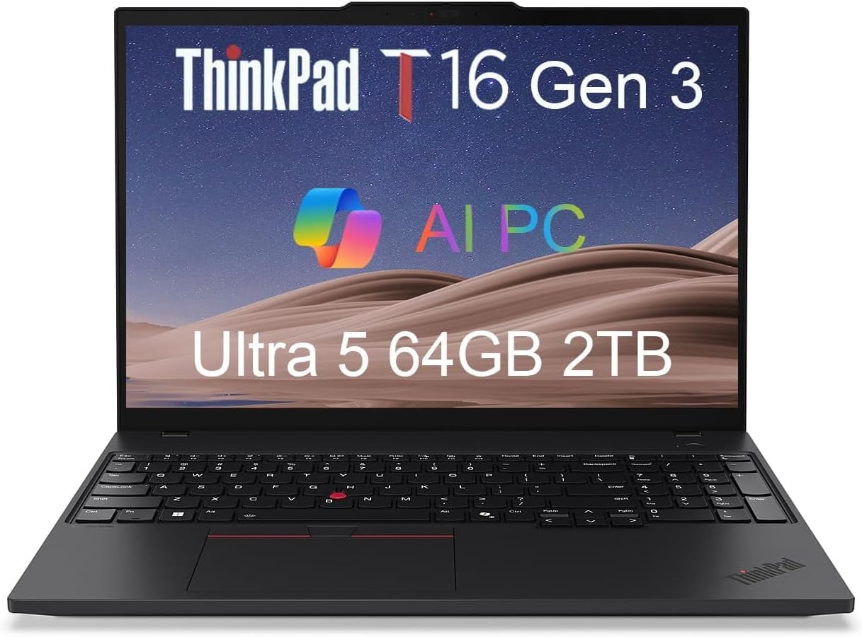Lenovo ThinkPad T16 Gen 3 Business Laptop (16″ FHD+, Intel 12-Core Ultra 5 125U (>i7-1355U), 64GB DDR5, 2TB SSD), 2 x Thunderbolt 4, Backlit, Fingerprint, Ethernet, 5MP Webcam, Win 11 Pro, 2025 AI PC