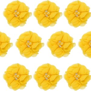 2" Chiffon Flowers, 10Pcs Fabric Flowers Sewing Appliques Embellishments with Rhinestone Pearl for DIY Crafts Wedding Headbands Party Decoration, Yellow