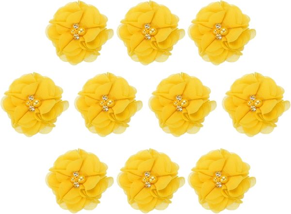 2" Chiffon Flowers, 10Pcs Fabric Flowers Sewing Appliques Embellishments with Rhinestone Pearl for DIY Crafts Wedding Headbands Party Decoration, Yellow