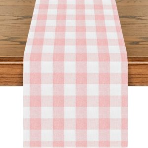 Pink and White Buffalo Check Summer Table Runner, Seasonal Fall Farmhouse Style Kitchen Table Decoration Holiday Wedding Party Dinning Birthday Decor 13x48 Inch