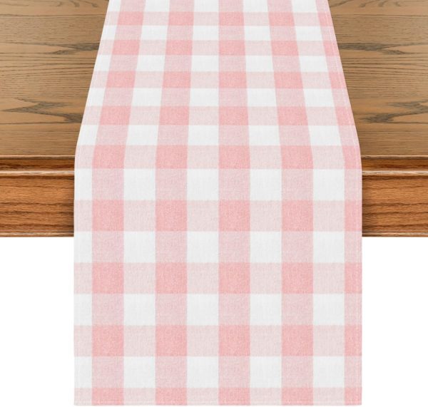 Pink and White Buffalo Check Summer Table Runner, Seasonal Fall Farmhouse Style Kitchen Table Decoration Holiday Wedding Party Dinning Birthday Decor 13x48 Inch