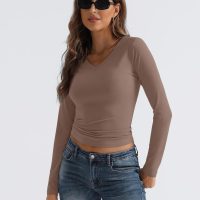 Trendy Queen Long Sleeve Shirts for Women 2025 Fall Fashion V Neck Basics Crop Tops Slim Fitted Y2K Tops Outfits Clothes - Image 3