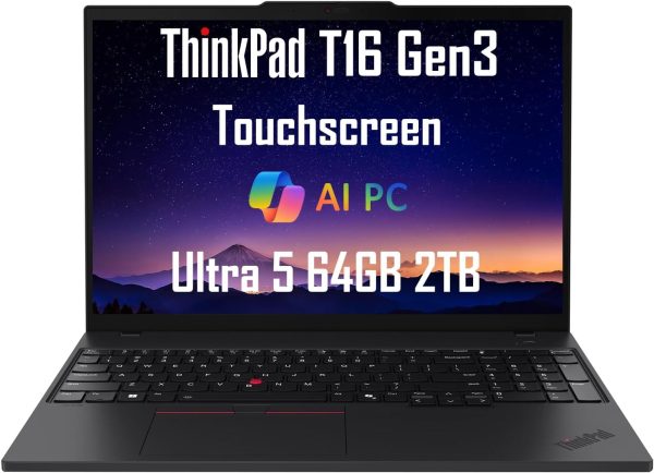 Lenovo ThinkPad T16 Gen 3 Business AI PC Laptop (16" FHD+ Touchscreen, Intel 12-Core Ultra 5 125U (>i7-1355U), 64GB DDR5, 2TB SSD) Backlit, Fingerprint, 5MP IR Webcam, Thunderbolt 4, Win 11 Pro, 2025