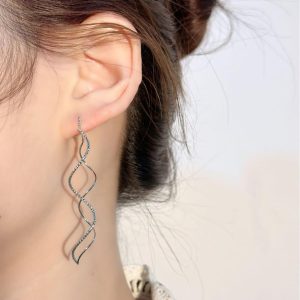 Sliver Wave Long Threader Earrings Sparkling Super Fairy Crystal Ear Line Elegant Ear Decorative for Women Mother's Day Valentine's Day Jewelry Gifts ﻿