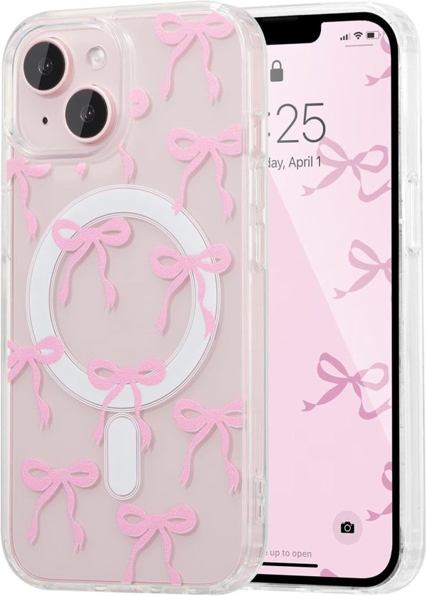 UEEBAI Magnetic for iPhone 14 & iPhone 13 Case, Bow Case Compatible with MagSafe, Wireless Slim Clear Ribbon Phone Cover Anti-Yellowing Shockproof Protective Cover for Women Girl - Pink