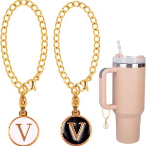 2Pcs Letter V Charms Accessories for Stanley Simple Modern Cup Name id Plate Initial Letter Handle Personalized Charm For Stanley Tumbler Water Cup Handle Identification Letter Charm White Black