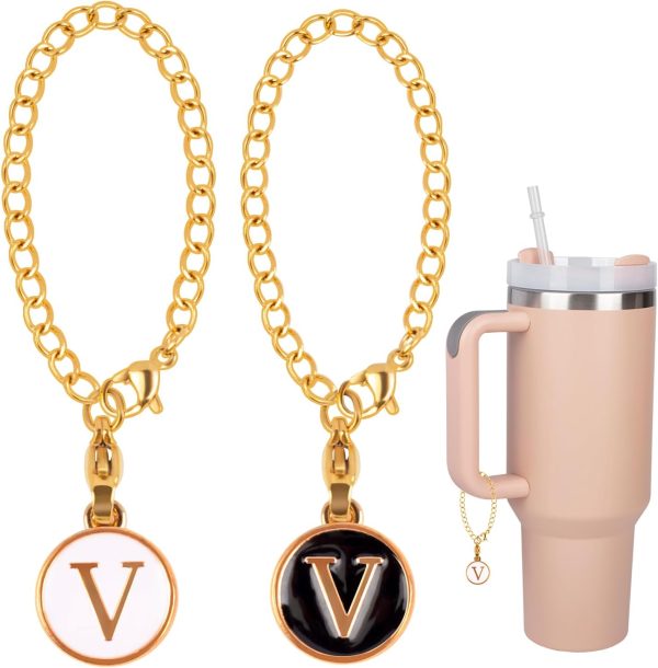 2Pcs Letter V Charms Accessories for Stanley Simple Modern Cup Name id Plate Initial Letter Handle Personalized Charm For Stanley Tumbler Water Cup Handle Identification Letter Charm White Black