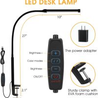LED Desk Lamp with Clamp, Eye-Caring Clip on Lights for Home Office, 3 Modes 10 Brightness, Long Flexible Gooseneck, Metal, Swing Arm Architect Task Table Lamps with USB Adapter, Black - Image 4