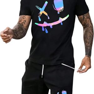 WDIRARA Men's 2 Piece Short Sets Graphic Print Short Sleeve T Shirts and Drawstring Shorts Clothing Set