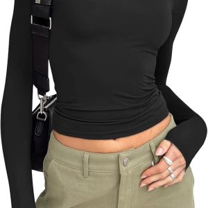 Trendy Queen Womens Long Sleeve Shirts Fall Fashion 2025 Basic Crop Tops Going Out Workout Outfits Y2k Clothes