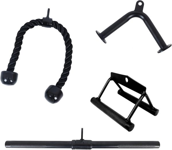 Tricep Press Down Cable Attachment, LAT Pulldown Attachment, Weight Machine Accessories, V Handle with Rotation, Tricep Rope, Rotating Bar, V-Shaped Bar, 4-Piece