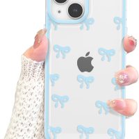 EYZUTAK Case for iPhone 15, Clear Cute Ribbon Bowknot Pattern Aesthetic Transparent Phone Case Raised Camera Protection Stylish Slim Soft Durable TPU Protective Cover for Women Girls - Blue - Image 8