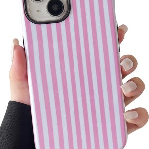 Compatible with iPhone 13/14 Case Cute Aesthetic Striped Phone Case for Women Girl Shockproof Slim TPU and Hard PC Protective Cover (Pink)