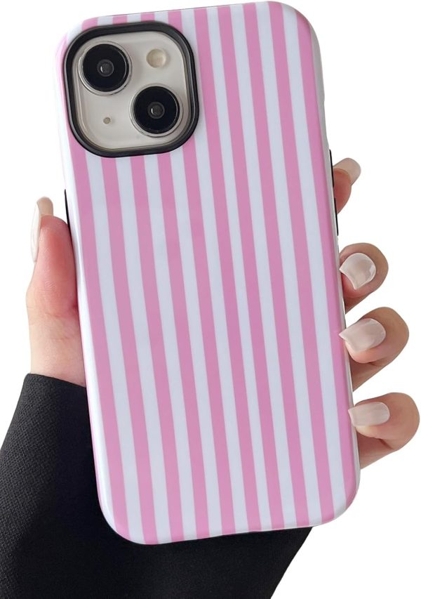 Compatible with iPhone 13/14 Case Cute Aesthetic Striped Phone Case for Women Girl Shockproof Slim TPU and Hard PC Protective Cover (Pink)
