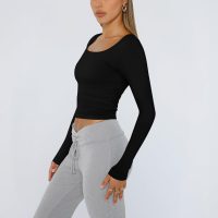 Trendy Queen Womens Long Sleeve Shirts Crop Tops Fall Fashion 2025 Square Neck Going Out Basics Tees Y2k Clothes - Image 3