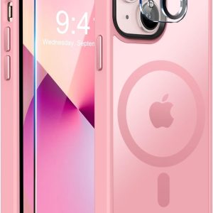 MOCCA Strong Magnetic for iPhone 13 Case, [Compatible with Magsafe][Screen Protector+Camera Lens Protector] Translucent Matte Back Slim Shockproof Case for iPhone 13 Phone Case 6.1", Pink