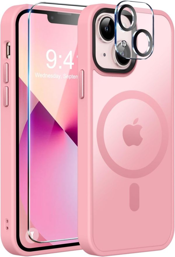 MOCCA Strong Magnetic for iPhone 13 Case, [Compatible with Magsafe][Screen Protector+Camera Lens Protector] Translucent Matte Back Slim Shockproof Case for iPhone 13 Phone Case 6.1", Pink