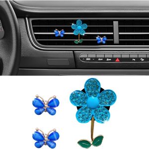 3PCS Bling Car Air Vent Clips, Butterfly Flower Rhinestone Vehicle Conditioning Outlet Clamps, Diamond Vent Clip Charm Decoration for Women Girls, Universal Automotive Accessories (Blue)