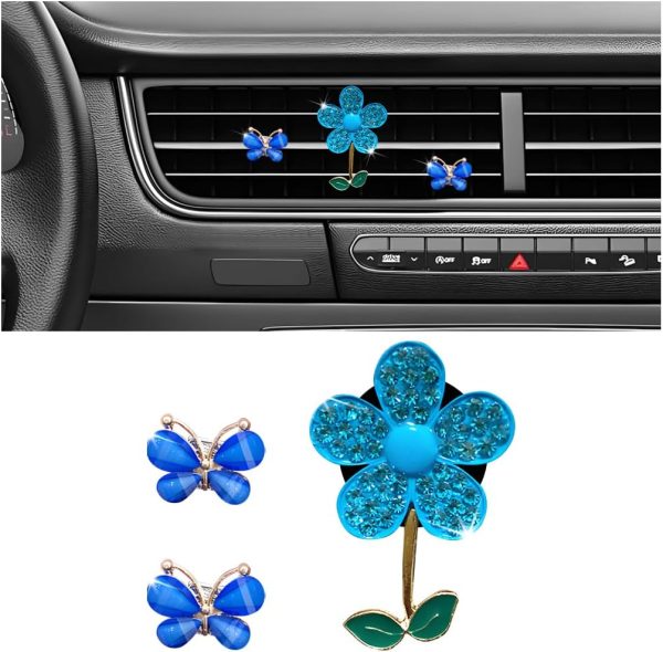 3PCS Bling Car Air Vent Clips, Butterfly Flower Rhinestone Vehicle Conditioning Outlet Clamps, Diamond Vent Clip Charm Decoration for Women Girls, Universal Automotive Accessories (Blue)
