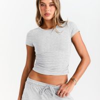 Trendy Queen 2 Piece Matching Summer Sweatsuit Lounge Set Womens Wide Leg Pants Side Ruching Crop Top Sets - Image 5