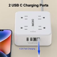Surge Protector Power Strip - CHCORE 5Ft Braided Extension Cord with 8 Outlets with 4 USB (2 USB C) Charging Ports, Flat Plug Multi Plug Outlet Extender Charging Station for Home Office, ETL, White - Image 3