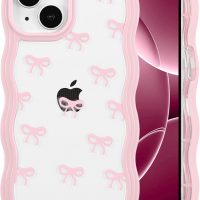 QLTYPRI Bow Case for iPhone 13/iPhone 14, Clear Cute Ribbon Bow Phone Case Curly Wavy Aesthetic Phone Case, Slim Soft Transparent Shockproof Protective Cover for Women Girls - Pink - Image 9