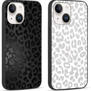 2 Pack Cute Cheetah Print for Apple iPhone 13/14 6.1" Phone Case,Luxury Leopard Pattern Design Cases Soft Silicone Slim TPU Shockproof Protective Bumper Cover for Women Girls-Black & White
