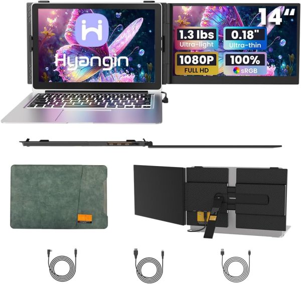 2025 Upgraded 14" Laptop Screen Extender, Ultra-Thin 1080P Laptop Monitor Extender, Ultra-Light Dual Screen Portable Monitor for 13-17.3" Laptops, Compatiable with Windows/Mac/Linux/Chrome/Android/iOS