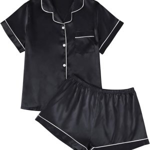 LILLUSORY Silk Satin Pajama Set for Women 2 Piece Lounge Pjs Shorts Matching Summer Sleepwear Button Down Shirt Shorts