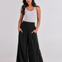 ANRABESS Women Palazzo Pants Summer Boho Bagyy Wide Leg High Smocked Waist Casual Loose Lounge Pant with Pocket - Image 6
